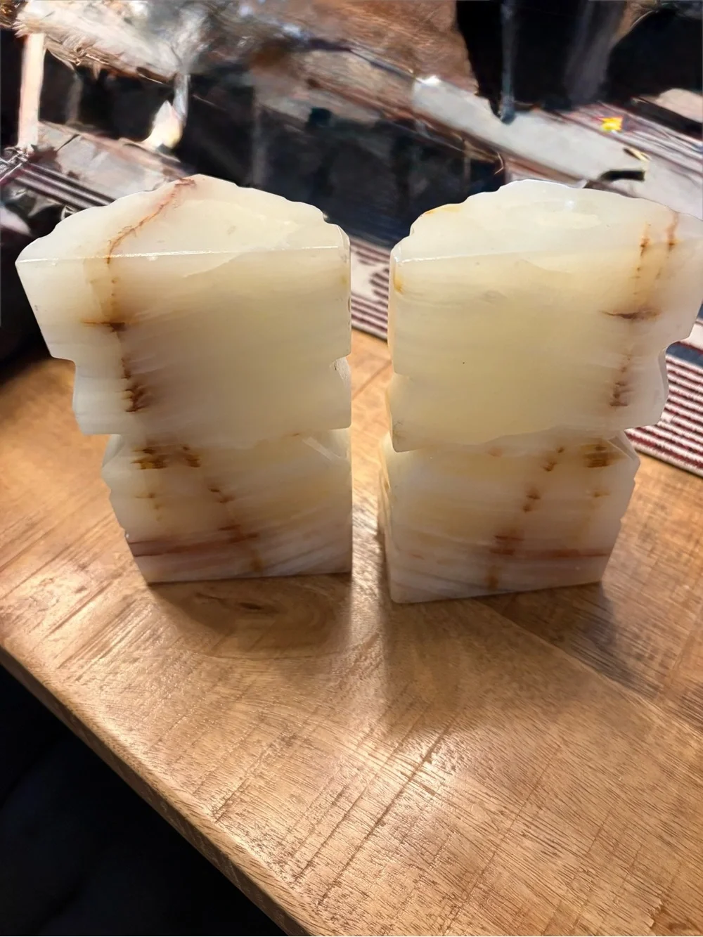 Hand-Carved Cream Onyx Tiki Figurine Pair - Decorative Home Accent
